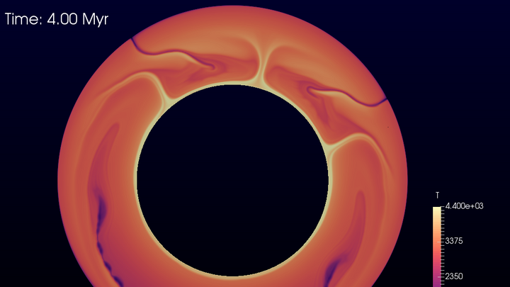 Das Erdinnere ist als Ring dargestellt und die Tektonik durch verschiedene Strukturen verdeutlicht. Die Mitte wird als schwarzer Kreis ausgespart.