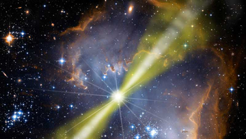 Hell strahlendes Objekt vor Hintergrund aus Sternen und Gaswolken. Von dem hellen Objekt gehen zwei gebündelte Strahlen aus.
