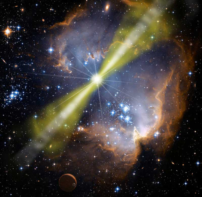Künstlerische Darstellung eines Gammablitzes Hell strahlendes Objekt vor Hintergrund aus Sternen und Gaswolken. Von dem hellen Objekt gehen zwei gebündelte Strahlen aus.