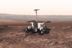 Künstlerische Darstellung des mit sechs Rädern und aufgeklappten Solarzellen ausgestatteten ExoMars Rover auf der Marsoberfläche