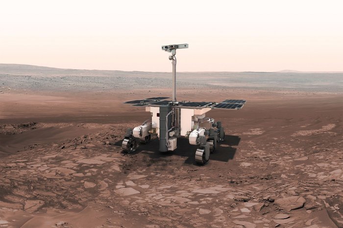 ExoMars-Rover Künstlerische Darstellung des mit sechs Rädern und aufgeklappten Solarzellen ausgestatteten ExoMars Rover auf der Marsoberfläche