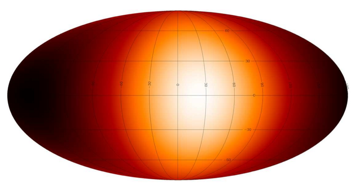 Ein leicht nach rechts verschobener heller Bereich nimmt etwas weniger als die Hälfte der Planetenkarte ein.