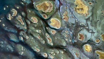 Satellitenbild einer dunklen Wasserfläche mit vielen kleinen hellen Felsinseln darin