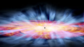 Zu erkennen ist das zentrale Schwarze Loch, das von einer rotierenden Materiescheibe umgeben ist. Dargestellt ist außerdem der starke Wind, der Gas mit hoher Geschwindigkeit herausbläst.