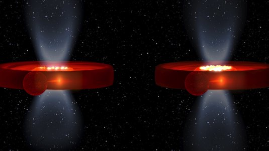 Künstlerische Darstellung von Stern und Scheibe um Schwarzes Loch