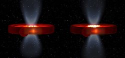 Akkretionsscheibe um Schwarzes Loch als orangeroter Wall, außen wandert ein Stern entlang. Innerhalb des äußeren Walls liegt die leuchtende innere Scheibe.