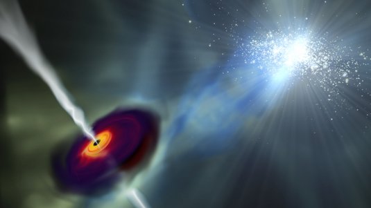 Links ein Schwarzes Loch, umgeben von Gas, rechts eine helle Ansammlung von Sternen