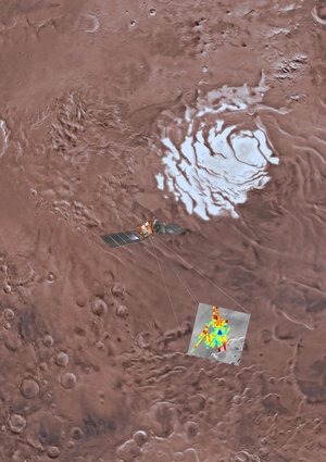 Das Bild zeigt den Mars und am Südpol des Planeten die Raumsonde Mars Express. Dazwischen sind Messdaten zu sehen, in denen das Wasservorkommen gekennzeichnet ist.