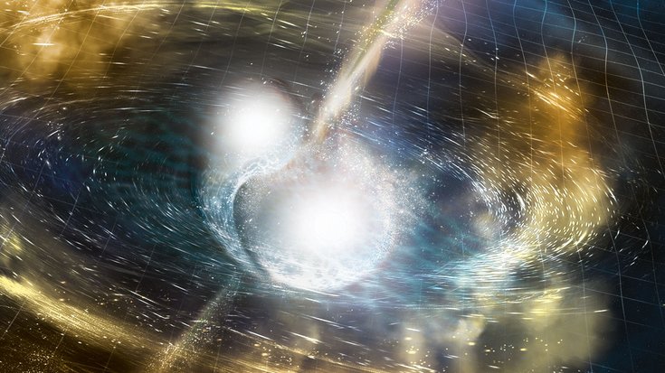 Illustration eines Gammastrahlenausbruchs während der Verschmelzung zweier Neutronensterne | Bildquelle: National Science Foundation/LIGO/Sonoma State University/A. Simonnet Zwei weiße kugelförmgen gebilde in einem Wirbel im All; durch die beiden Kugeln geht ein Blitz