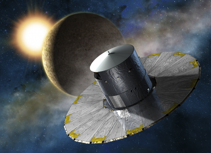 Die Raumsonde Gaia Silbrig glänzende, runde Platte; darauf ein zylindrischer Aufsatz aus dem gleichen Material. Im Hintergrund die Sonne und ein Planet.