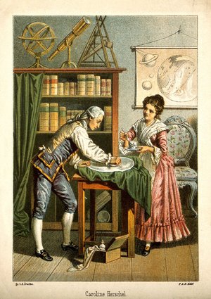 Zeichnung: Ein Mann poliert einen Spiegel. Daneben steht eine Frau, die einen Teller hält und daraus den Mann mit Suppe füttert.