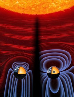 Grafik der aufgeschnittenen Erde, das Magnetfeld wird durch graue Wellenlinien dargestellt, links – also vor 565 Millionen Jahren – reicht es weitaus weniger weit in das Universum hinein als rechts, wo der heutige Zustand dargestellt ist