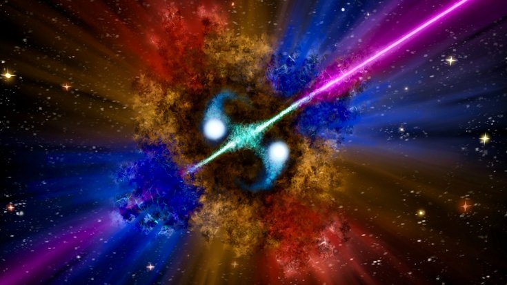 Künstlerische Darstellung des Gammastrahlenausbruchs 211211A | Bildquelle: Samuele Ronchini/GSSI 2022 Heller Lichtwirbel im All, aus dem ein rosafarbener Strahl hervorgeht; die Umgebung des Gebildes ist sehr farbig, vor allem gelb, rot und blau