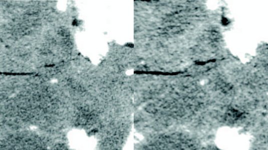 Zwei Aufnahmen eines Schnitts durch Gestein mit Riss, der in der zweiten Aufnahme deutlicher ausgeprägt ist