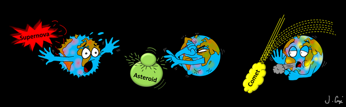 Mit Comics erklärt Jenny Feige Wissenschaft Comicstrip, auf dem die personifizierte Erde verschiedenen Einflüssen ausgesetzt ist - Supernova, Komet und Asteroid und eine Abwehrhaltung einnimmt
