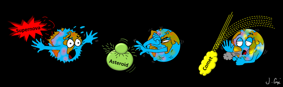 Comicstrip, auf dem die personifizierte Erde verschiedenen Einflüssen ausgesetzt ist - Supernova, Komet und Asteroid und eine Abwehrhaltung einnimmt