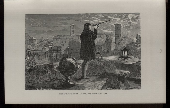 Kopernikus beobachtet eine Mondfinsternis Grafik eines Mannes, der mit einem astronomischen Instrument in den Nachthimmel schaut.