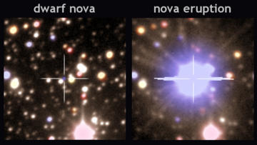 Auf vier Bildern, die denselben Bildausschnitt zeigen, ist die Nova V1213 markiert. Sie ist auf den Bildern jeweils unterschiedlich hell. Deutlich zu sehen ist sie während ihrer Explosion als Nova auf dem dritten Bild, bevor sie wieder verblasst.
