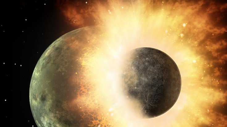 Künstlerische Darstellung des Zusammenstoßes von Urerde und Theia, Bildquelle: NASA; Lizenz: gemeinfrei Zusammenstoß zwischen zwei Planeten