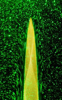Computergrafik: Ein grüner, spitz aufragender Körper umgeben von grünen Punkten auf schwarzem Hintergrund