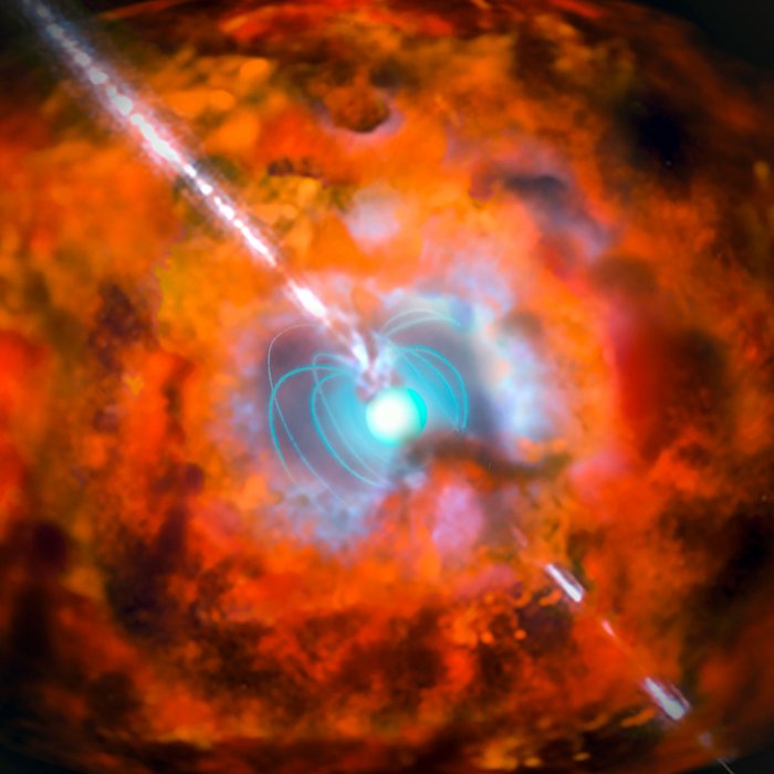 Gammablitz und Supernova Wolkenartige Struktur in deren Mitte ein leuchtender Ball liegt, von dem elliptische Linien ausgehen und eine helle, gerade Linie zieht sich von links oben bis rechts unten durch das Bild.