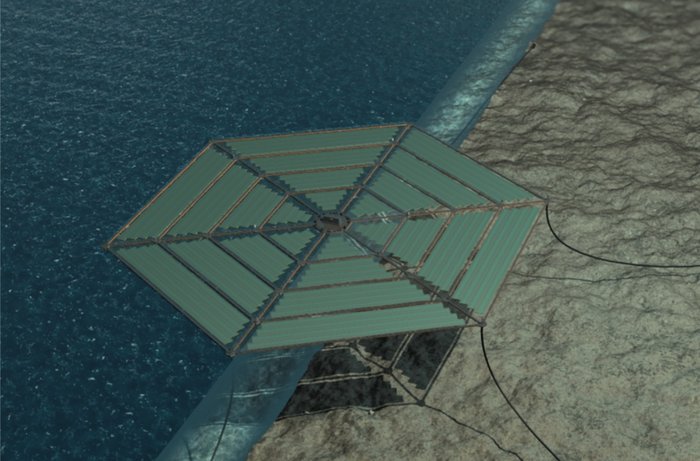 Schwimmendes Solarkraftwerk mit Dünnschichtmodulen Computergeneriertes Bild eines Kraftwerks, das aus einer sechseckogen Scheibe mit Solarmodulen an der Oberseite besteht.
