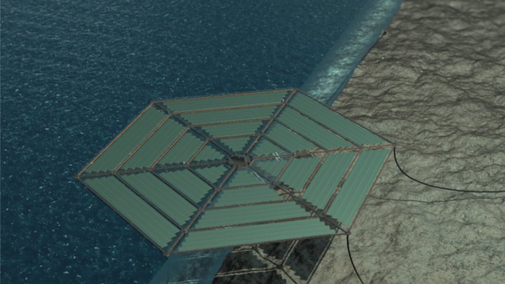 computergeneriertes Bild eines schwimmenden Solarkraftwerkss