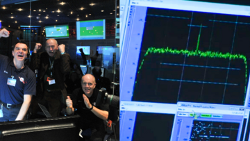 Links: Jubel im Kontrollraum, rechts: Rosettas Aufwachsignal auf einem Bildschirm (ein Peak auf verrauschtem Untergrund)