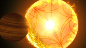 Hell leuchtender Himmelskörper im All, an dem im Vordergrund ein Planet vorbei zieht