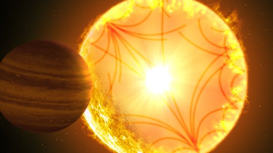 Hell leuchtender Himmelskörper im All, an dem im Vordergrund ein Planet vorbei zieht