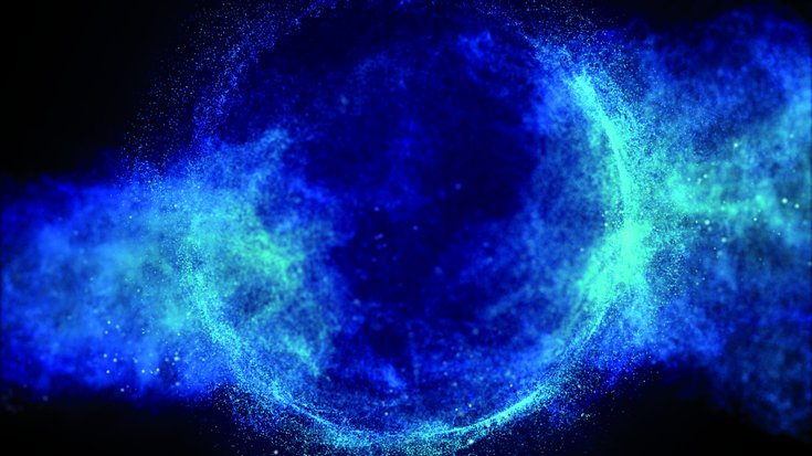 Ein Kreis, dessen Rand von leuchtenden Teilchenwolken umlagert wird