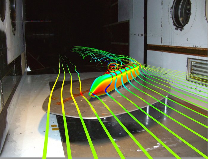 Tischartige Stahlplatte in einem kahlen Windkanal. Als Computergrafik ist eine Zugsilhouette eingefügt. Sie wird von schmalen Bändern umschlängelt, die Luftbewegungen zeigen sollen. Der Zug steht dabei schräg zur Windrichtung.