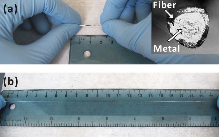 Draht mit flüssigem Metallkern Hände halten den Draht an beiden Enden fest, darunter liegt ein Lineal, das die Länge anzeigt. Auf dem oberen Bild ist der Draht gut zwei Zentimeter lang, auf dem unteren zwanzig Zentimeter. Außerdem ist ein vergrößerter Querschnitt des Drahts gezeigt, auf dem der Metallkern und die Hülle aus Kunststofffasern zu sehen ist.