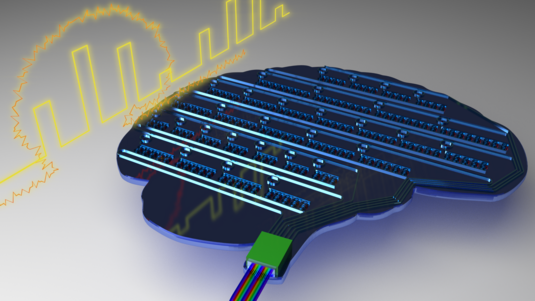 Schematische Darstellung eines Mikrochips, der dem Gehirn nachempfunden ist. Auf dem Chip erstreckt sich ein künstliches Netz von Neuronen und Synapsen, das mit Licht arbeitet. 