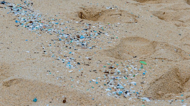 Die Nahaufnahme zeigt feinen Sand. Darauf sind unzählige kleine Plastikteile verstreut.