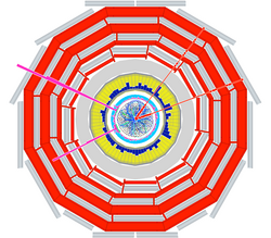 Computergrafik: Im Querschnitt des CMS-Detektors sind deutlich vier rote Spuren zu erkennen.