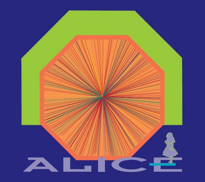Das ALICE-Logo: orangenes Achteck vor grünem Achteck vor blauem Hintergrund.