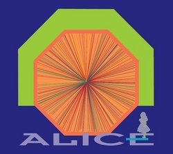 Das ALICE-Logo: orangenes Achteck vor grünem Achteck vor blauem Hintergrund.