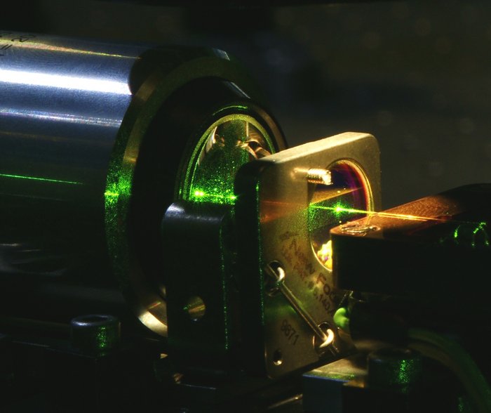 Aufbau der Lichtquelle Optischer Aufbau mit zwei Spiegeln durch die Laserlicht gestrahlt wird.