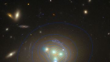 Galaxienhaufen, im Zentrum vier helle, engstehende Galaxien. Konturlinien zeigen die Verteilung der Dunklen Materie. Sie stimmt nur zum Teil mit dem Maximum der Helligkeit überein.