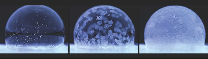 Drei Bilder von Seifenblasen, die einen zeitlichen Verlauf wiedergeben: Auf dem ersten sieht man eine Seifenblase, die an einigen Punkten beginnt zu gefrieren; auf dem zweiten sind bereits deutlich einzelne Kristalle zu erkennen; auf dem dritten ist die Seifenblase komplett von Kristallen übersät und erscheint milchig