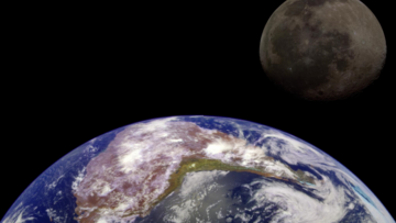 In der unteren Hälfte des Bildes sieht man die Erde als Halbkugel. Rechts oben ist die Silhouette des Mondes zu erkennen.