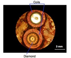 kreisrunder Querschnitt der Probe, an zwei Stellen sind die runden Diamantstempel zu sehen, die von den Spulen umgeben sind. 