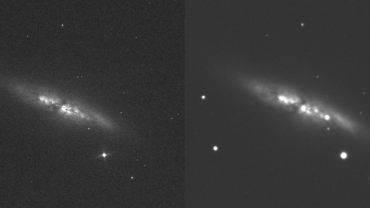 Zwei Bilder einer nahezu von der Seite gesehenen Spiralgalaxie. Auf dem rechten Bild ist ein heller Stern in der rechten Hälfte der Galaxie sichtbar, der im linken Bild fehlt.