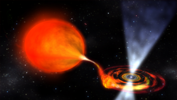 Links ein Roter Riesenstern, rechts ein kleines, von einer strukturierten Scheibe umgebenes Objekt, der Neutronenstern. Vom Riesenstern strömt Gas zum Neutronenstern. Nach oben und nach unten gehen von dem Neutronenstern Materiestrahlen aus.