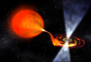 Links ein Roter Riesenstern, rechts ein kleines, von einer strukturierten Scheibe umgebenes Objekt, der Neutronenstern. Vom Riesenstern strömt Gas zum Neutronenstern. Nach oben und nach unten gehen von dem Neutronenstern Materiestrahlen aus.