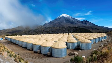 Das Bild zeigt viele Wassertanks, die regelmäßig angeordnet sind. Jeder Tank ist von einem Dach bedeckt. Im Hintergrund sieht man einen hohen Berg.