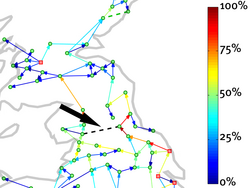 Eine Karte von Großbritannien zeigt ein modelliertes Stromnetz, das durch Knotenpunkte und Verbindungslinien modelliert wird. Eine farbige Kodierung zeigt die Auslastung der einzelnen Stromleitungen.