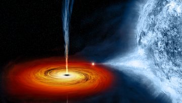 Von einem Riesenstern strömt Material in einer Scheibe auf ein Schwarzes Loch zu. Senkrecht zur Scheibenebe wird Material in Jets hinausgeschleudert.