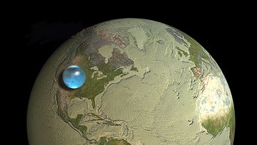 Infografik. Illustration der Erdkugel. Zusätzlich eingezeichnet ist eine virtuelle, auf der Erdoberfläche liegende Wasserkugel, die ungefähr so groß ist wie der Golf von Mexiko.